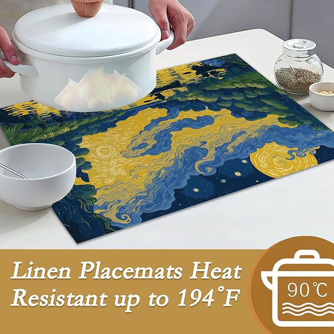 Van Gogh Style Watercolor Painting Placemats, 12 x 18 inch, Linen Table Runner Kitchen Dining Room Decor Holiday Decor Rustic Vintage Waterproof Washable Table Runner Set of 6