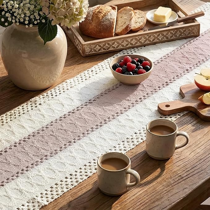 Artoid Mode Pink Farmhouse Rustic Table Runner, Seasonal Holiday Hollow Kitchen Dining Table Decoration for Home Party Decor 12x108 Inch