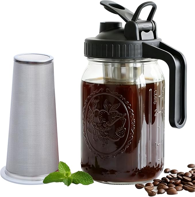 Cold Brew Coffee Maker 32 Oz Wide Mouth Mason Jar Pitcher With stainless steel Filter 1 Quart Airtight & Leak-Proof cold brew pitcher with pour spout lid and handle For iced Coffee Tea and lemonade