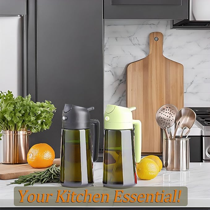 Oil Sprayer and Dispenser for Cooking- 2 x 16 oz Pack, Olive Green Glass to Preserve Fresh Oil, Suitable for Air Fryer, Roasting, Grilling, Barbecue, and Salad. (Black, Green)