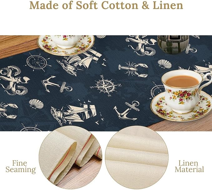 Nautical Coastal Table Runners Ocean Sailboat Table Runners for Dining Room Starfish Blue Teal Dinner Runner Kitchen Indoor Outdoor Patio Party Decor Fabric 1 Panel W13xL70in