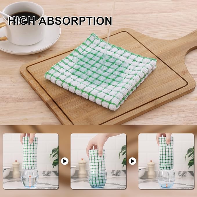 Kitinjoy Cotton 8 Pack Terry Kitchen Towels, 16 x 25 Inches Super Soft and Absorbent Dish Towels, Quick Drying Hand Towels for Kitchen Drying, Green