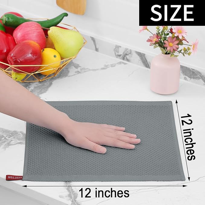 Homaxy 100% Cotton Waffle Weave Kitchen Dish Cloths, 7-Pack Ultra Soft Absorbent Dish Towels, Quick Drying Dish Rags, 12 x 12 Inches, Grey