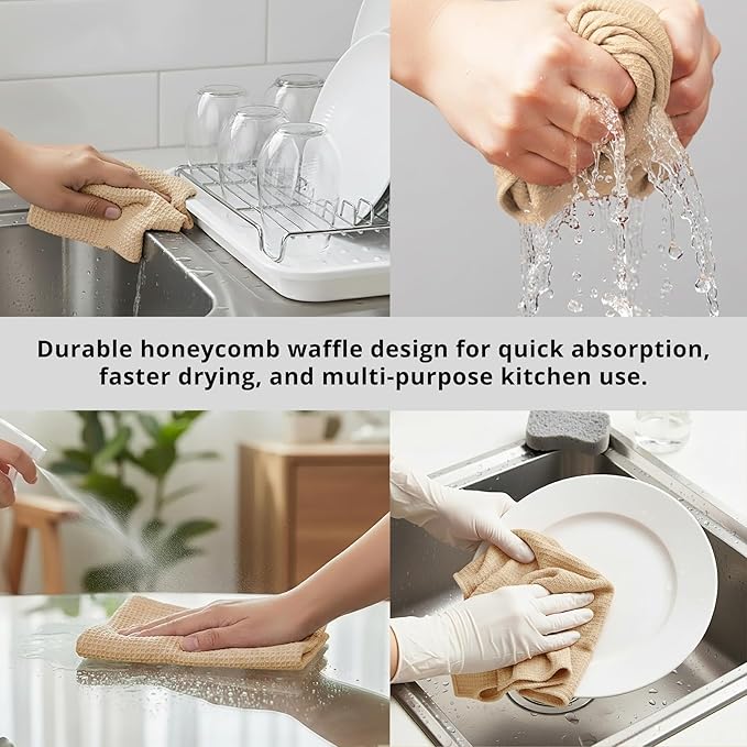 PurpleEssences Dish Cloths and Dish Rags - 6 Pack Waffle Weave Solid Kitchen Dish Wash Cloths, 100% Cotton, 12x12 Inches, Ultra Soft Absorbent Quick Drying - Spring Easter Summer - Beige