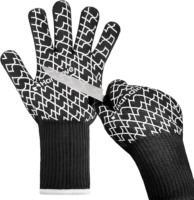HandLove Aramid Heat Resistant BBQ Gloves – Grilling & Oven Gloves with Fingers, Silicone Grip & Long Cuffs for Cooking, Baking, and Outdoor Barbecue – Black,L