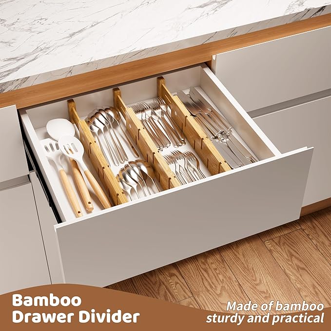 Bamboo Drawer Dividers with Inserts kitchen drawer organizer Adjustable Expandable 8 Pack Organizer Set for Kitchen Bedroom Bathroom Office 8 Dividers with 16 Inserts (Natural, Large (18-22.5IN))