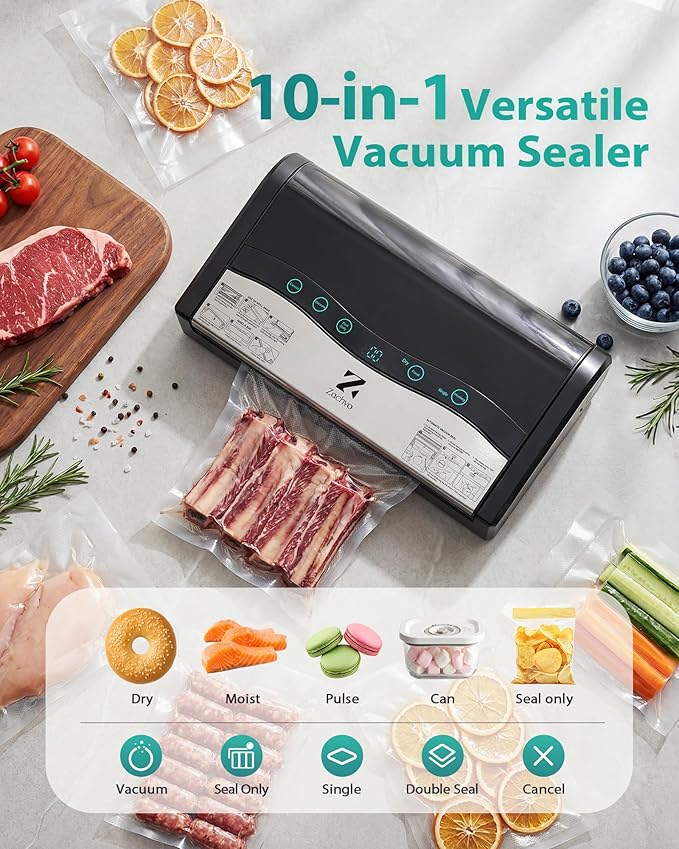 90kPa Vacuum Sealer Machine, Automatic Food Sealer with Double Heat Seal Option, Dry & Moist Modes, Built-in Cutter and Bag Storage, Starter Kit with Bag Rolls and Hose, Black