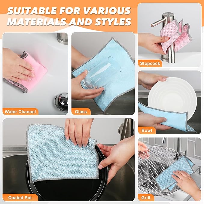 12Pack Upgrade Multipurpose Wire Dishwashing Rags, Double-Side Non Scratch Wire Dishcloth, for Wet and Dry Use, Reusable Metal Scrubbing Microfiber Clean Cloths for Home/Kitchen/Stove（Grey）