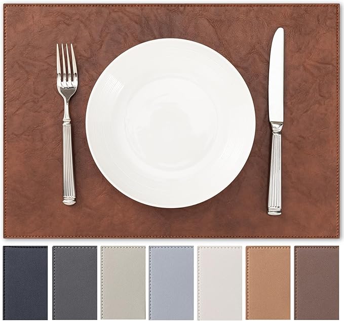 Faux Leather Placemats Set of 12 Vinyl Washable Wipeable Table Mats for Kitchen Dining Table Heat Resistant Waterproof Indoor/Outdoor Placemats Non-Slip Easy Clean Place Mats (Reddish Brown)