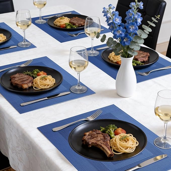 Timeet Blue Placemats Set of 4, Heat Resistant Non-Slip Place Mats, Durable Washable PVC Vinyl Woven Table Mats, Wipeable Placemats for Dining Table Easy to Clean
