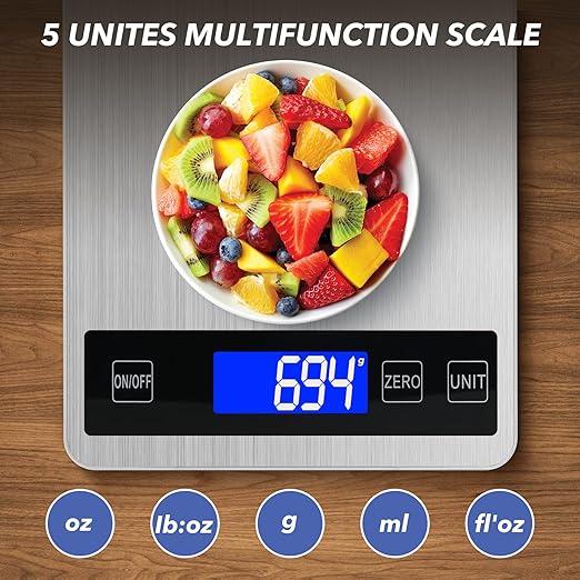 33lb Food Kitchen Digital Scale,1g/0.05oz Precise Graduation, USB Charging Kitchen Scale, Waterproof Stainless Steel with LCD Display, Ounces and Grams for Weight Loss, Cooking, Baking (Silvery)