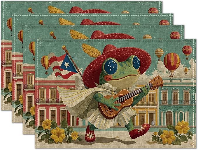 HOMETITUTE Colorful Placemats Set of 4 Linen 12x18 Inch Washable Table Mats Fun Frog Playing Guitar Design Decorative Dining Table Placemats Set of 4 Farmhouse Kitchen Holiday and Everyday Use