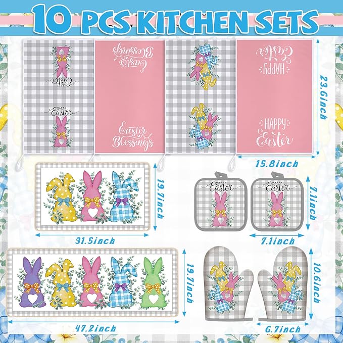 VitalCozy 10 Pcs Easter Bunny Kitchen Decor Set 4 Kitchen Towels 2 Pot Holders 2 Oven Mitts 2 Rugs for Gift Cooking Baking Grilling Housewarming