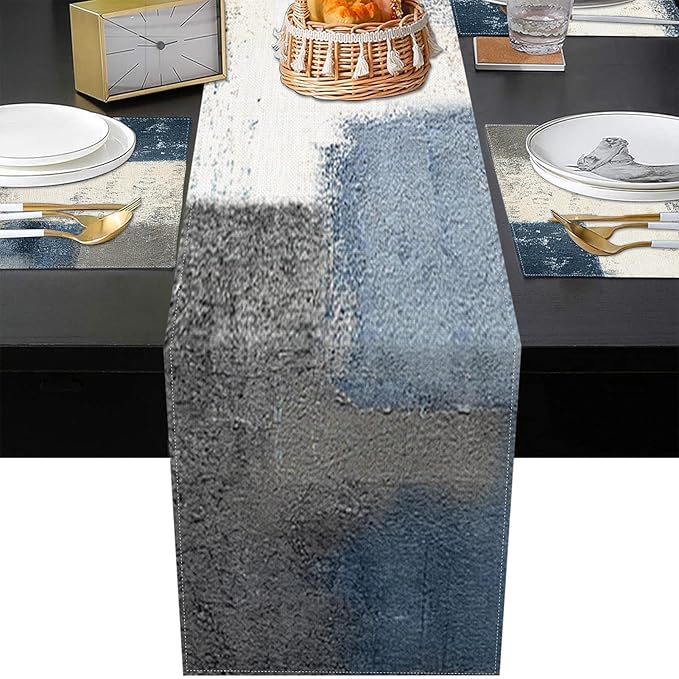 ArtSocket Farmhouse Table Runner and Placemats Set of 6, Abstract Blue Grey Painting Art Dining Decor for Daily Use(1 Table Runner 72 inches Long and 6 Placemats)