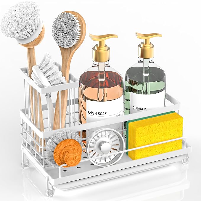Cisily Stainless Steel Kitchen Sink Caddy Organizer, Sponge Holder for Sink Rustproof, Non-Slip Soap Dish Dispenser Brush Holder Storage, Home & Kitchen Essentials Accessories (White)