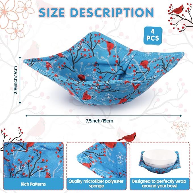 Cunhill 4 Pcs Cotton Microwave Bowl Cozy Holders for Hot Food Hot Pads Soup Bowl Potholders Heat Resistant Multipurpose Quilted Safe Holders for Kitchen Plate Supply(Teal Blue,Bird Style)