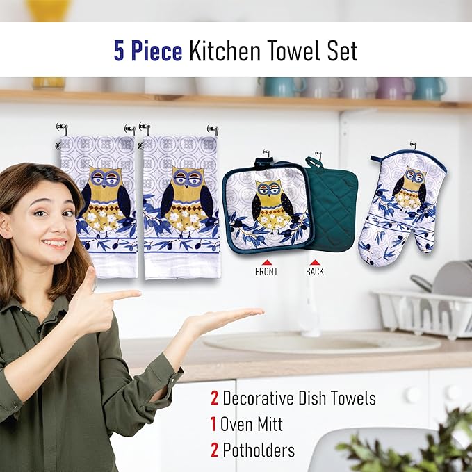 Lobyn Value Packs: Whimsical Blue Owl 5 Piece Kitchen Towel Set with 2 Decorative Dish Towels (25 X15), 1 Oven Mitt (11 X 7) and 2 Potholders (6.5 X 6.5)