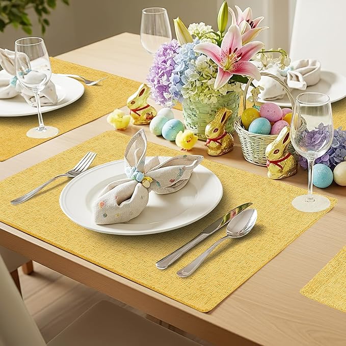 homing Cotton Linen Placemats Set of 6, Cloth Washable Farmhouse Dining Table Mats for Indoors & Outdoors, Easy to Clean, Mustard Yellow, 13 x 19 Inch