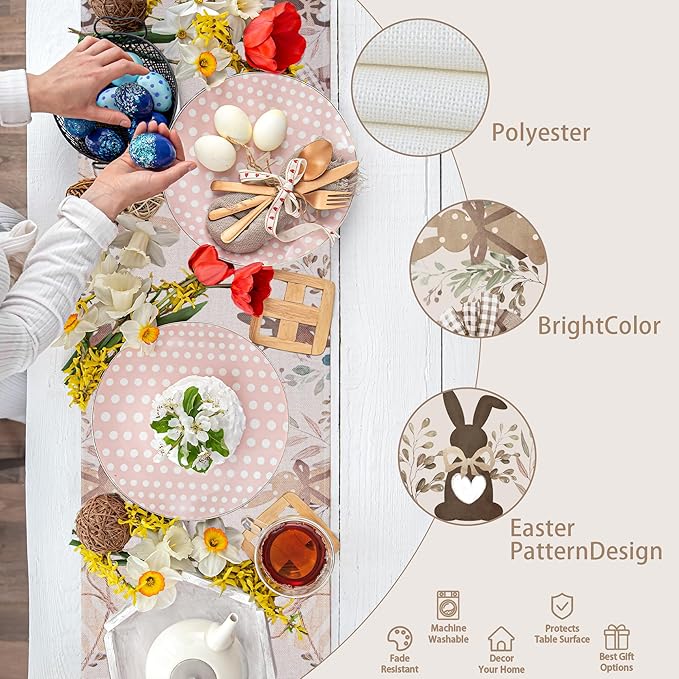 QINJIEJIE Easter Runner Mantel Decor, Egg Bunny Table Runner, Farmhouse Vintage Indoor Seasonal Spring Kitchen Decorations for Home Party Decor Table Runner 13x72 Inch (Bunny Rabbit)