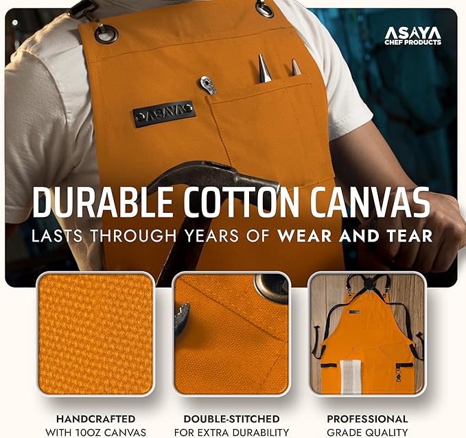 Asaya Chef and BBQ Apron with Bottle Opener and Hand Towel - 10oz Cotton Canvas, Stainless Steel Hardware - Cross Back Straps