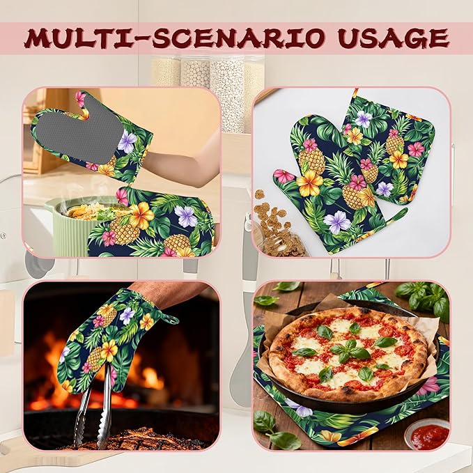 Pineapple Heat-Resistant Silicone Oven Mitts and Pot Holders,Hawaiian Tropical Palm Leave Flower Long Oven Gloves with Non-Slip Grip for Cooking, Baking, Grilling,BBQ