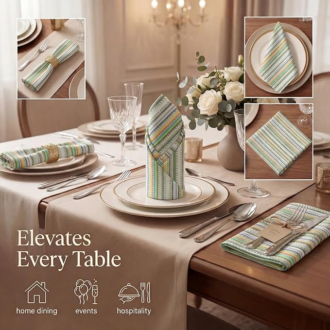 Urban Villa Cloth Napkins Set of 12 20x20 Inches 100% Cotton Napkins Cloth Washable Durable Reusable Absorbent Table Dinner Napkins Cloth for Hotel Lunch Restaurant Weddings Parties – Beige Stripes