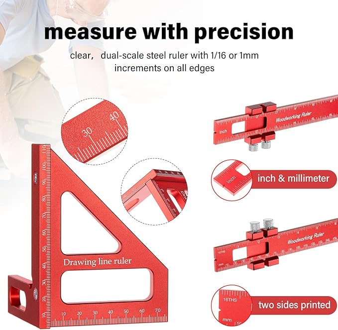 4 Pcs Woodworking Ruler, Metal Precision Pocket Rulers 12, 8, 6 Inch with 3D Multi Angle Measuring Ruler 45/90 Degree for Precision Measuring Marking Inch and Metric