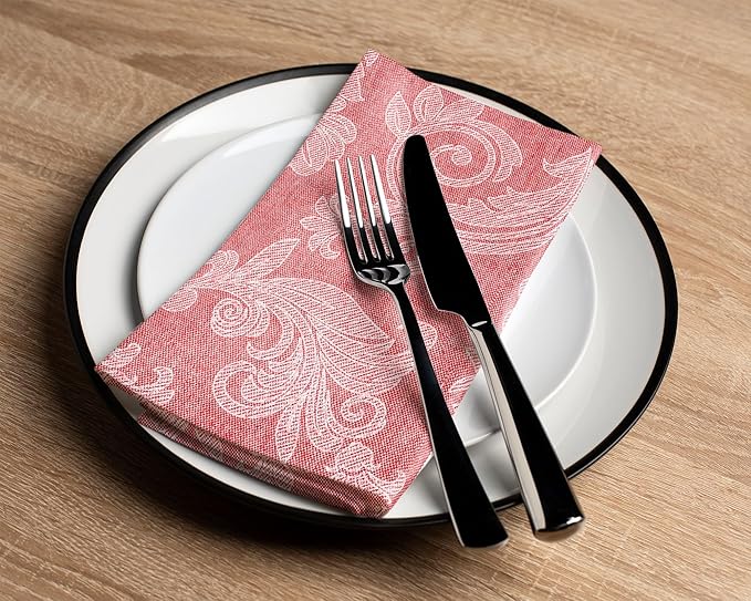 Encasa XO Red Cloth Napkins Set of 12, 18x18 in | Floral Jacquard Homespun Cotton Dinner Napkins | Washable & Reusable Wedding Napkins for Holiday Dining, Parties, & Everyday Table Décor