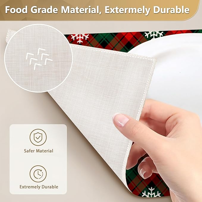 Set of 6 Washable Red Green Plaids Placemats Non-Slip Heat-Resistant 12x18 Inch Thick Decorative Retro Christmas Plaid Linen Table Mats for Dining Table Home Décor
