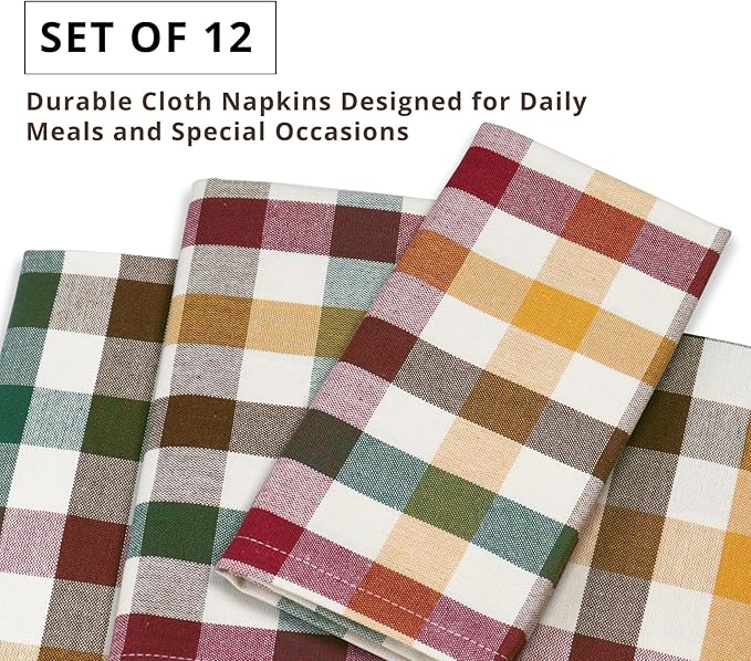 PurpleEssences Buffalo Plaid Cloth Napkins - Mitered Corners - Spring Easter Summer - Gingham Check Dinner Napkin - Set of 12-100% Cotton - 18x18 Inch - Reusable Washable - Harvest