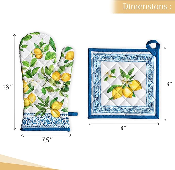 Maison d' Hermine 100% Cotton Oven Mitt & Pot Holder Set (7.5"x13" & 8"x8") Heat Resistant BBQ Cooking Gloves with Loop Baking Grilling Kitchen Gifts for Mothers Day Spring/Summer (Cedrat)