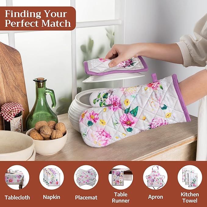 Maison d' Hermine Pot Holders 100% Cotton Heat Resistant Potholders 8" x 8" Hot Pads with Loop BBQ Cooking Baking Gifts for Mothers Day Handling Hot Pans Spring/Summer (Pack of 2, Pivoine)