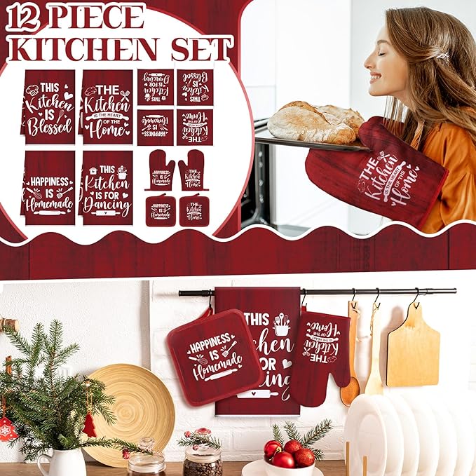 12 Pcs Farmhouse Kitchen Decor Sets 4 Red Kitchen Hand Towels 4 Dish Clothes 2 Rustic Pot Holders 2 Burgundy Oven Mitts Glove Hand Towels and Dishcloths Sets for Home Decorations Accessories Mom Gift