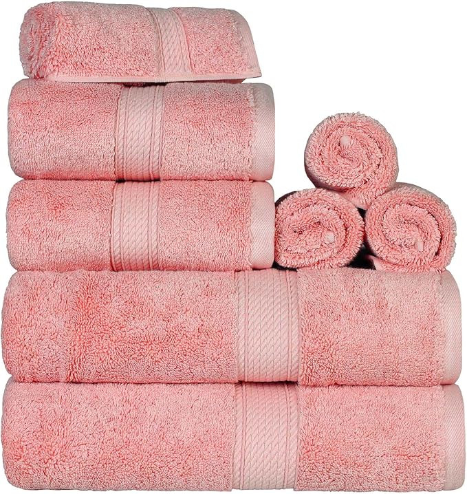 SUPERIOR Egyptian Cotton Pile 8 Piece Towel Set, Includes 2 Bath, 2 Hand, 4 Face Towels/Washcloths, Ultra Soft Luxury Towels, Thick Plush Essentials, Guest Bath, Spa, Hotel Bathroom, Tea Rose