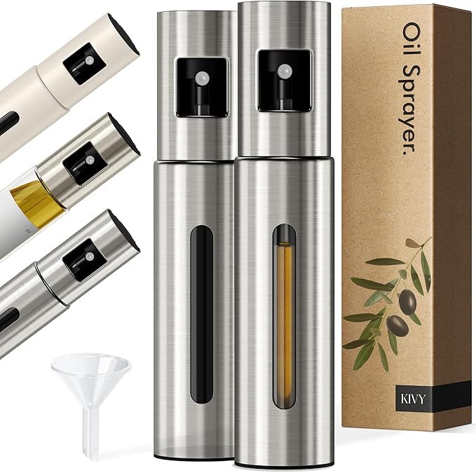 KIVY Glass Oil Sprayer for Cooking– Precise Oil & Vinegar Spray Bottle Oil Mister Spray Bottle for Food – Includes Funnel – Perfect for Cooking & Air Fryer (2x Brushed Stainless Steel)