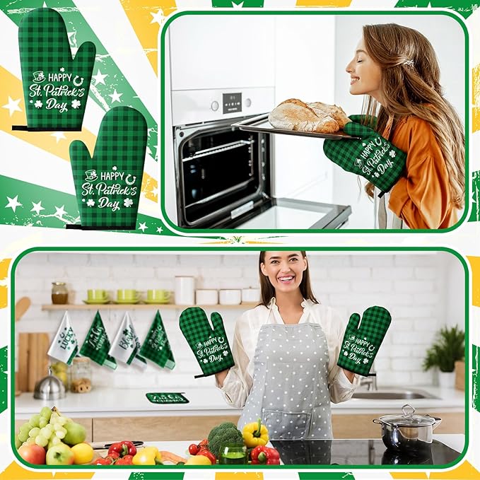 VitalCozy 10 Pcs St. Patrick's Day Kitchen Decor Set Shamrock Kitchen Towel and Rugs Oven Mitts Pot Holders for Home Cooking Baking Decorations