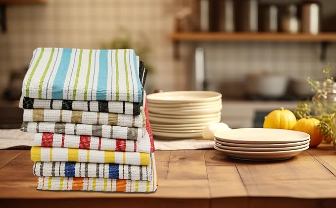 COTTON CRAFT Oversized Kitchen Towels - 4 Pack 100% Cotton Basketweave Tea Dish Towels - Absorbent Reusable Low Lint Quick Dry - Cooking Drying Restaurant Bar Cleaning Cloth Napkin -20x30 Linen Stripe