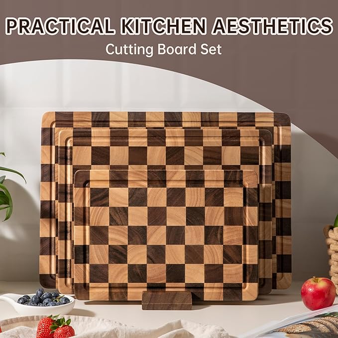 Checkered Cutting Boards for Kitchen, Wooden Cutting Board Set, Acacia Chopping Board with Juice Grooves & Handles, Butcher Block Serving Tray for Meat, Vegetables and Fruits, 3pcs