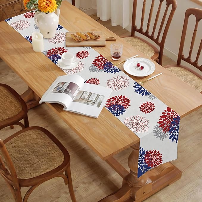 4th of July Independence Day Table Runner God Bless America Blue Red Dahlia Flower Table Runners Memorial Day Modern Table Center Decor for Home Kitchen Dining Party Patio (13 x 36 Inch)