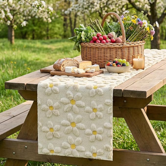 Artoid Mode Beige Soft Plush Faux Fur Jacquard Embroidery Daisy Spring Table Runner, Kitchen Dining Table Decoration for Home Party Decor 13x60 Inch