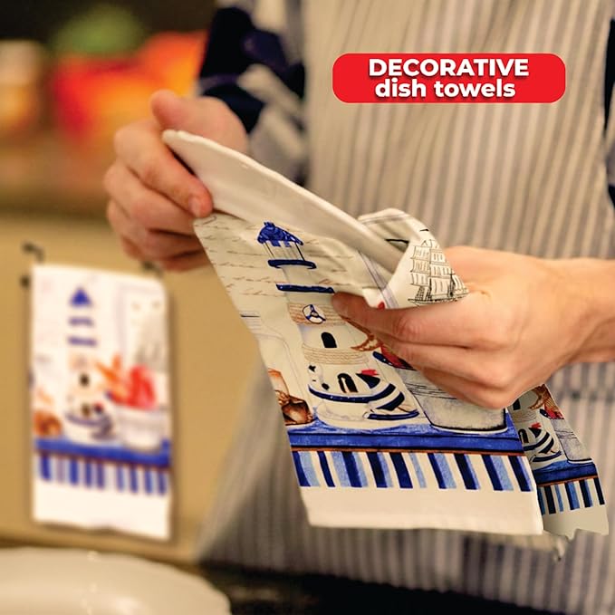 Lobyn Value Packs Nautical Lighthouse 5 Piece Kitchen Towel Set with 2 Decorative Dish Towels (25 X15), 1 Oven Mitt (11 X 7) and 2 Potholders (6.5 X 6.5) Coastal Blue Kitchen Accessories