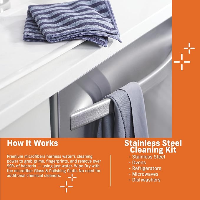 E-Cloth Stainless Steel Microfiber Cleaning Cloth Kit - Stainless Steel Cleaner for Appliances, Oven, Stove, & More - Microfiber Towels for Cars - Reusable Cloths for Cleaning