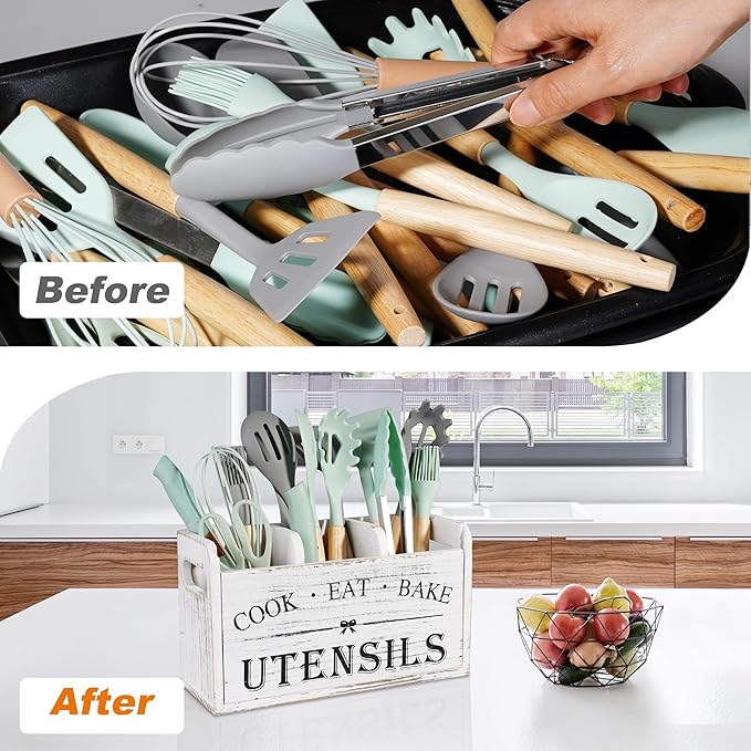 Wooden Kitchen Utensil Holder with 3 Compartments, Utensil Storage Organizer for Kitchen Counter, Farmhouse Decor & Rustic Cooking Tools Storage(White)
