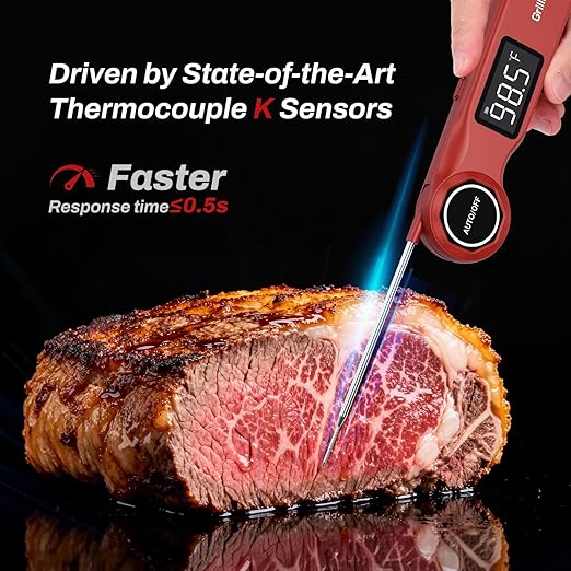 Instant Read Meat Thermometer, GrillBliss USB-C Rechargeable Digital Food Thermometer with 0.5s Fast Read & ±0.5℉ Accuracy, VA LCD Display, Cooking Thermometer for BBQ, Grill, Candy, Brewing