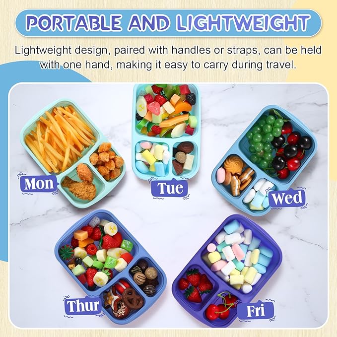 Honeydak 5 Pack Snack Containers 3 Compartment Bento Snack Boxes Divided Meal Prep Containers with Lids Reusable Adults Lunch Food Storage Box for School Work Travel(Glacier Color)
