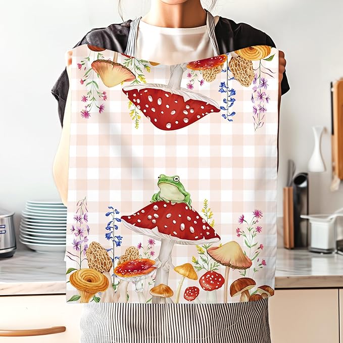 Spring Summer Mushroom Tea Towels, Cotton Kitchen Towel 18.9 × 27.5 inch, Quick Drying Dish Cloth for Party Anniversary Holiday Decoration, Housewarming Gifts for Mom
