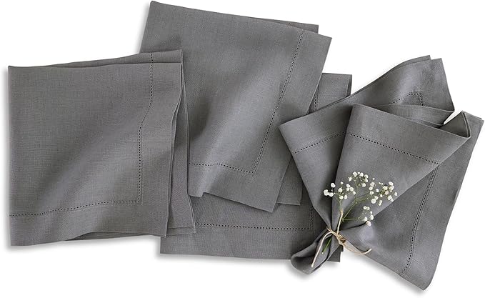 Solino Home Linen Cloth Napkins Set of 4-100% Pure Linen Steel Grey Dinner Napkins 20 x 20 Inch for Spring, Summer, Mothers Day - Classic Hemstitch, Handcrafted and Machine Washable