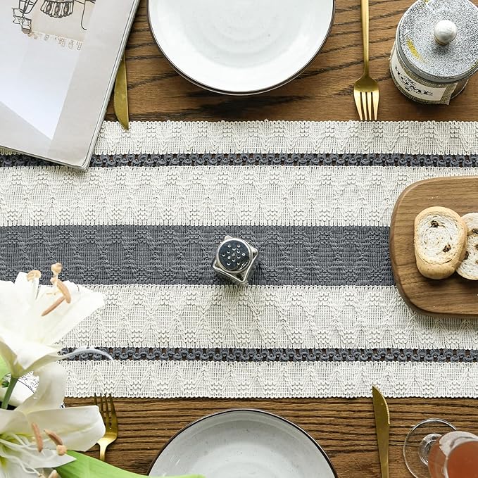 Artoid Mode Dark Grey Farmhouse Woven Rustic Table Runner, Seasonal Holiday Hollow Kitchen Dining Table Decoration for Home Party Decor 12x60 Inch