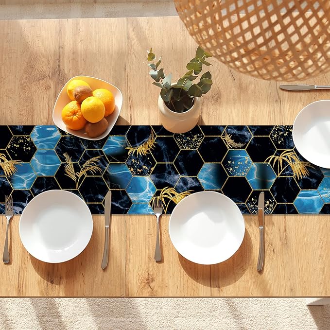 Marble Table Runner 72 Inches Long, Navy Blue Golden Marble Texture Table Runner Dresser Scarves, Abstract Art Burlap Dining Room Table Decor for Kitchen Farmhouse Indoor Outdoor Home Party