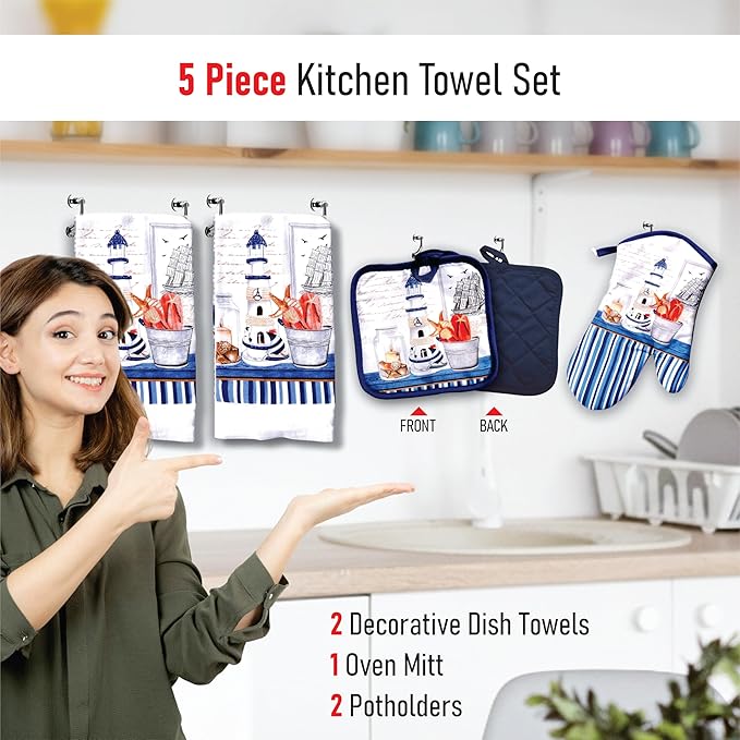 Lobyn Value Packs Nautical Lighthouse 5 Piece Kitchen Towel Set with 2 Decorative Dish Towels (25 X15), 1 Oven Mitt (11 X 7) and 2 Potholders (6.5 X 6.5) Coastal Blue Kitchen Accessories